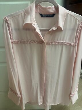 Zara Pale Pink Sheer Blouse with Trim